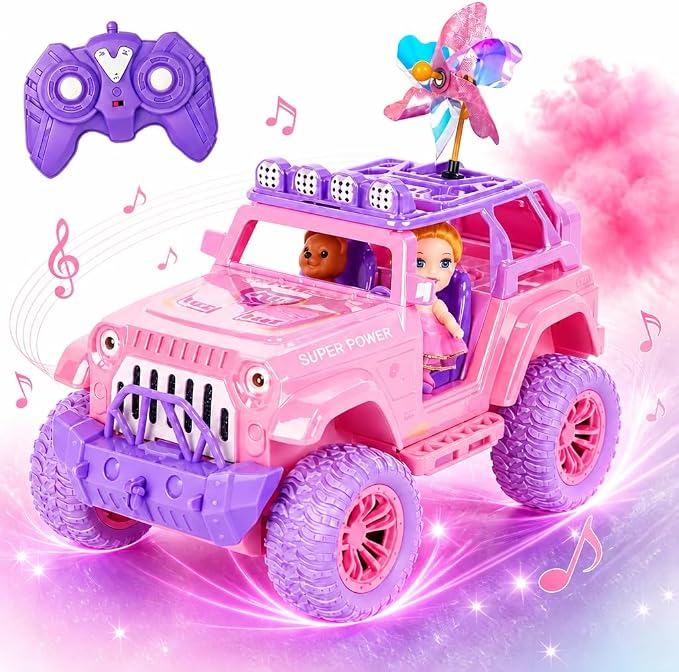 Remote Control Car for Girls with Spray and Sound, 2.4GHz All-Terrain Sparkling Pink RC Cars,Doll and Pet,Windmill,DIY Stickers,Rechargeable Battery,Toys Cars Birthday Gift for Girls Age 6-12