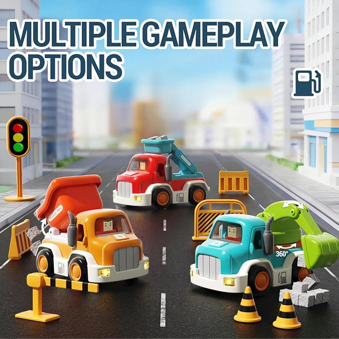 Toy Cars for Toddlers 1-3, Friction Powered, Light & Sound Toddler Car Toys with Mini Trucks (Excavator, Dumper, Fire), Early Educational Gift for Boys Girls (3 Pack)
