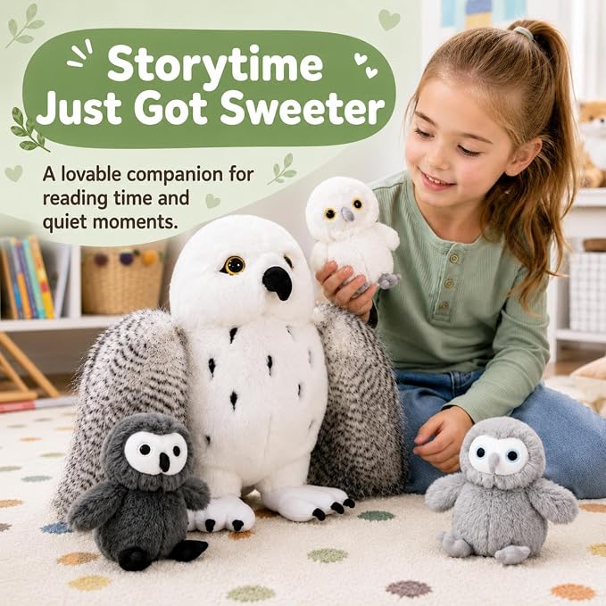 4Pcs Owl Plush Set, Giant Mother Owl Stuffed Animal with 3 Baby Owls Inside, 18" Cute Stuffed Owl for Girls Boys Kids, Soft Owl Plushie Gift for Christmas Birthday Baby Shower, White