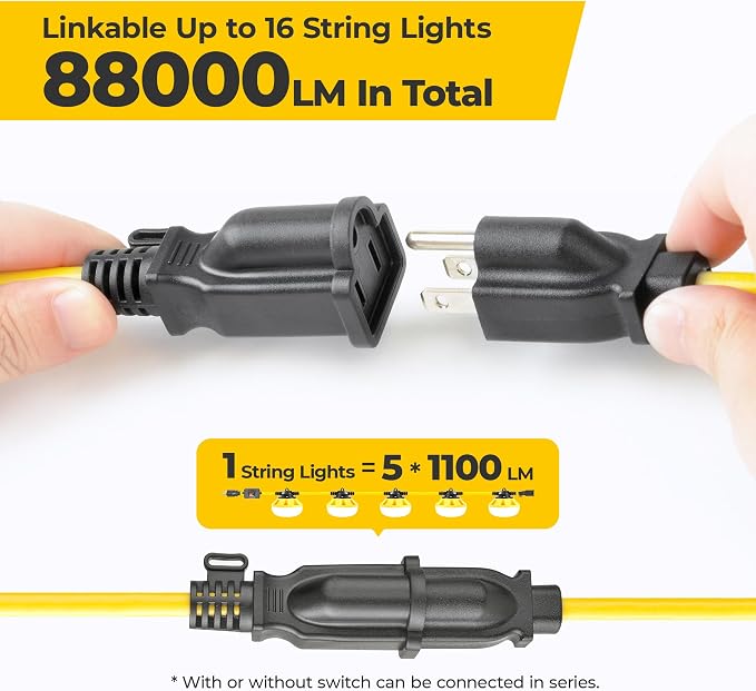 50FT 3-Prong Construction String Lights, LED Work Light, ETL Certified, 18/3 SJTW Cord, IP65 Waterproof, Linkable up to 16 Sets, for Jobsite, Attic, Garage