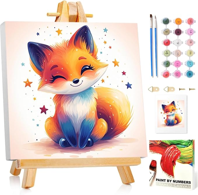 Paint by Numbers Kit for Kids with Frame, Fox Paint by Numbers for Kids Ages 4-8-12, DIY Fox Acrylic Oil Painting for Home Wall Art Decor Gift 7.8x7.8 inch (with Frame Easel)