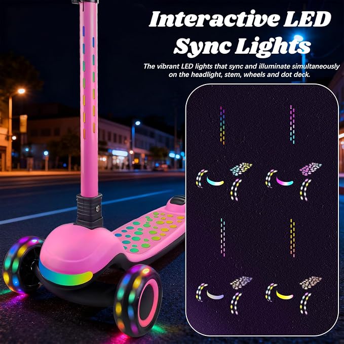 Light Up 3 Wheel Kick Scooter for Kids Toddlers with LED Sync Lights, Flashing Stem & Wide Polka Dot Deck Adjustable Height Music Function Safe Sturdy Folding Scooter for Kids