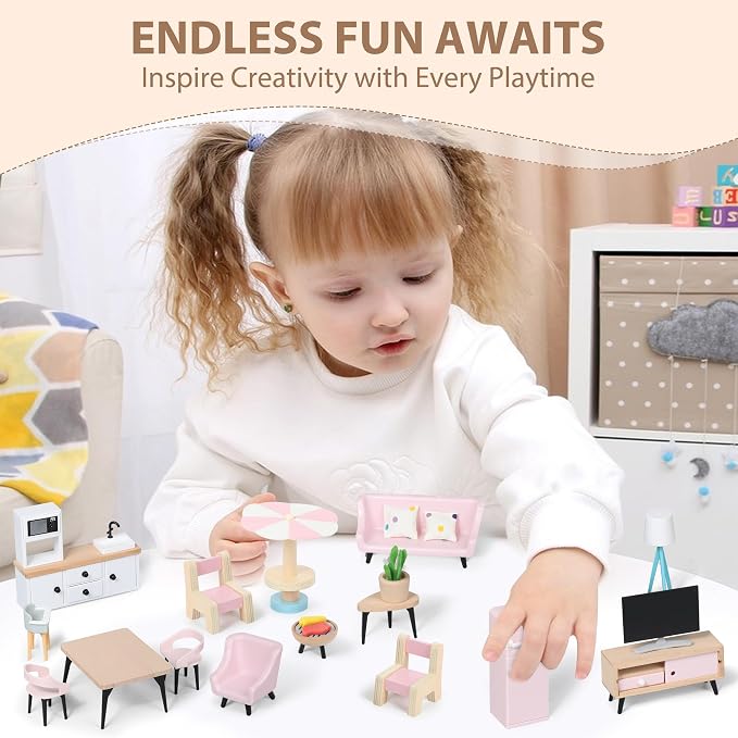 Pithfor Wooden Dollhouse Furniture Set, Dollhouse Accessories and Furniture, with 7 Rooms 3 Dolls, Includes Patio Set & Dog Set, Doll House Furniture Toys Gift for Kids Boys Girls
