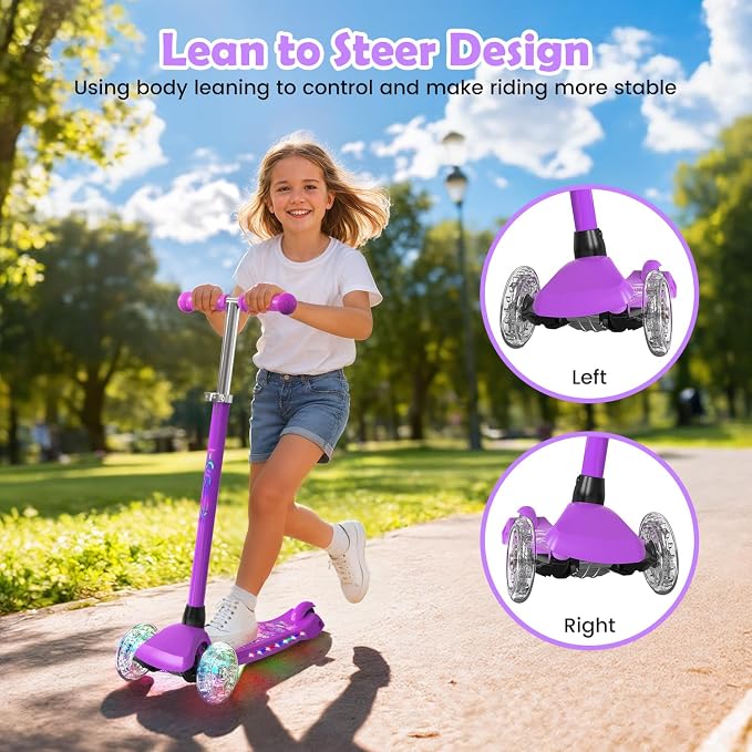 TONBUX Kids Scooter for Ages 3-8: 3-Wheel Kick Scooter with LED Light-Up Wheels & Deck, 7 Lighting Modes, 4 Adjustable Heights, Metal-Reinforced Deck, Lean-to-Steer Balance Training Toddler Scooter