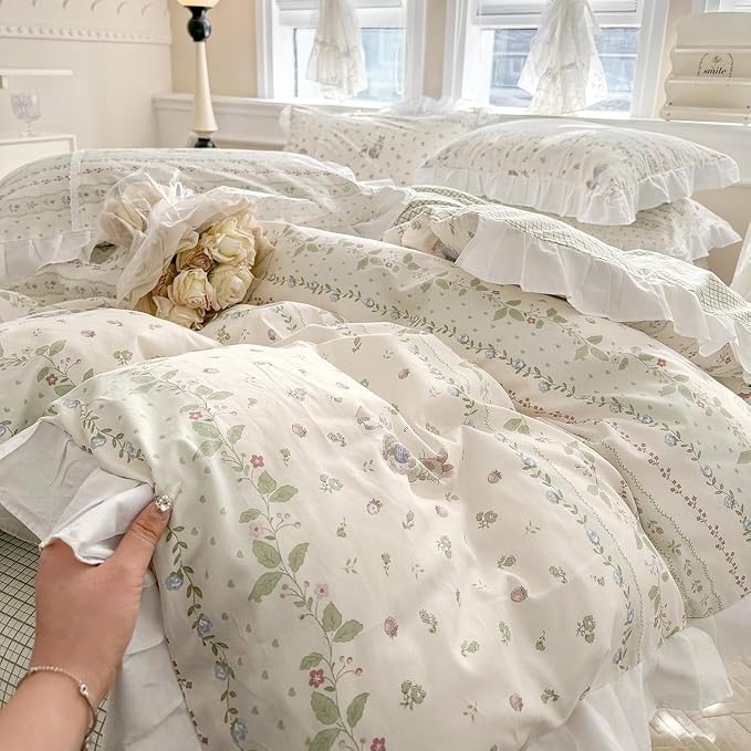 LifeTB Ruffle Floral Comforter Girls Flower Comforter Set Queen Aesthetic Leaves Floral Bedding Comforter with Cute Rabbit Reversible Green Plaid Comforter Princess Bedding Botanical Comforter Set