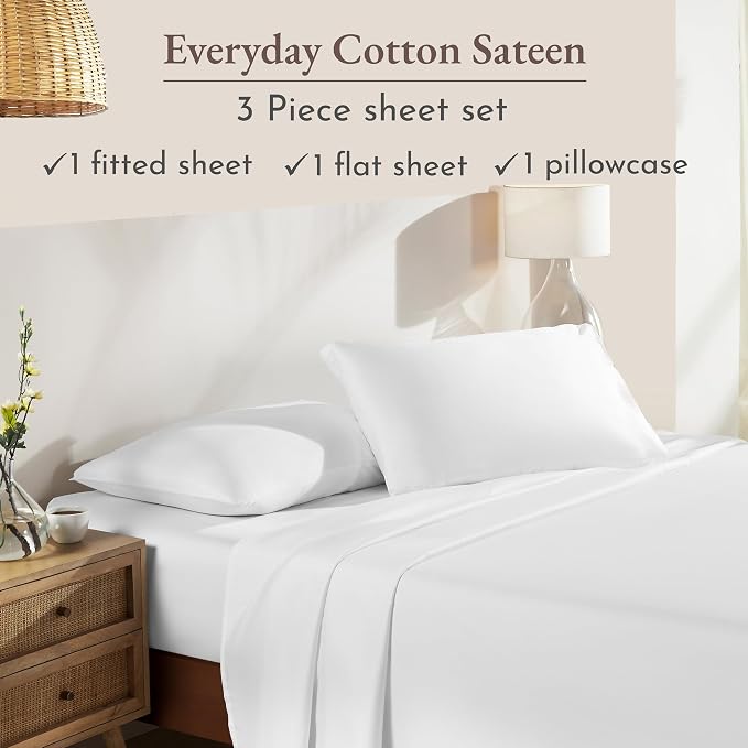 California Design Den Natural 100% Cotton Sheets Twin XL Size Set - Soft Sateen Weave, Twin XL Sheet Sets with 12" Pockets, Breathable and Durable Bedding for Dorm Rooms, College (White)