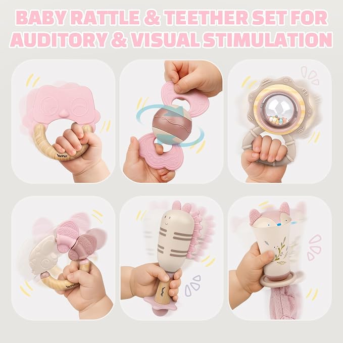 Baby Toys 0-6 Months, Baby Rattles, Teething Toys 3-6 Months, Infant Toys 6-12 Months, 10PCS Pink Sensory Rattles & Teethers with Storage Box, Newborn Shower Gift Girl