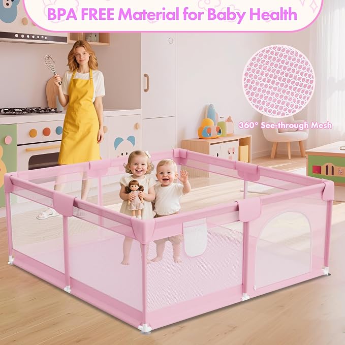 Pink Baby Playpen for Girls - 64"x64" Large Playard with Anti-Collision Soft Corners Sturdy Safety Play Yard for Babies and Toddlers Indoor Infant Activity Center with Non-Slip Suckers