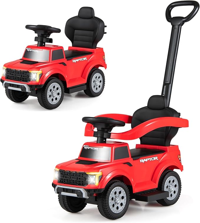 Costzon Ride On Push Car for Toddlers, 3-in-1 Ford Licensed Sliding Car w/Handle, Guardrail, Horn, Engine Sound, LED Lights, Under Seat Storage, Foot-to-Floor Kids Ride On Toys for Boys Girls (Red)
