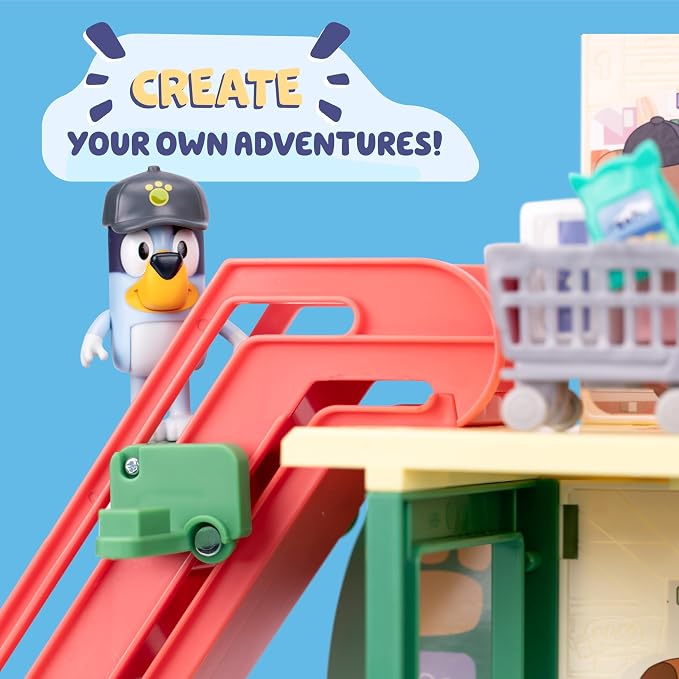 Bluey and Bingo Supermarket Playset with Escalator, Pretend Play Toys for Toddlers, Sounds and 15 Pieces, Bluey Grocery Store Playset