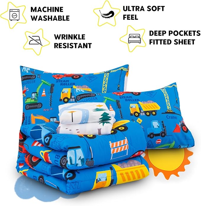 Holawakaka Trucks Excavator Cars Boy Bedding Comforter Set with Sheets, Twin Size Cartoon Construction Car Tractors Print Kids Bed in A Bag 5-Piece, Boys Reversible Dorm Bed Sets (Blue Twin)