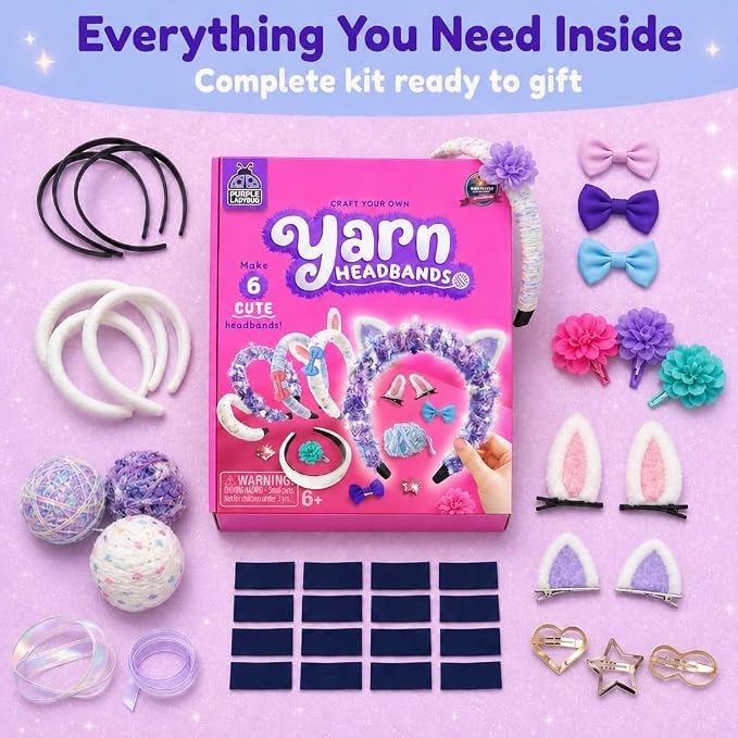 PURPLE LADYBUG Yarn Headbands for Girls - Great 5 Year Old Girl Gifts, Fun 7 Year Old Girl Birthday Gifts Idea, Girls Hair Accessories, Arts and Crafts for Kids Ages 6-8, Make Your Own Kids Headbands