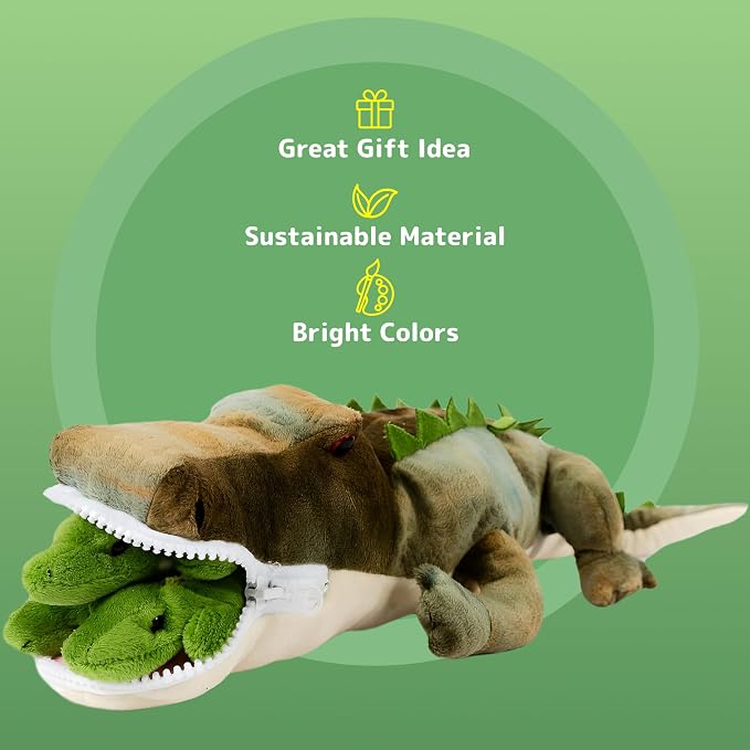 PREXTEX Stuffed Alligator Toy with 3 Baby Alligators - Alligator Plush Mommy with 3 Zippered Babies, Ideal Stuffed Animal for Boy or Girl Playtime - 3-5 Years