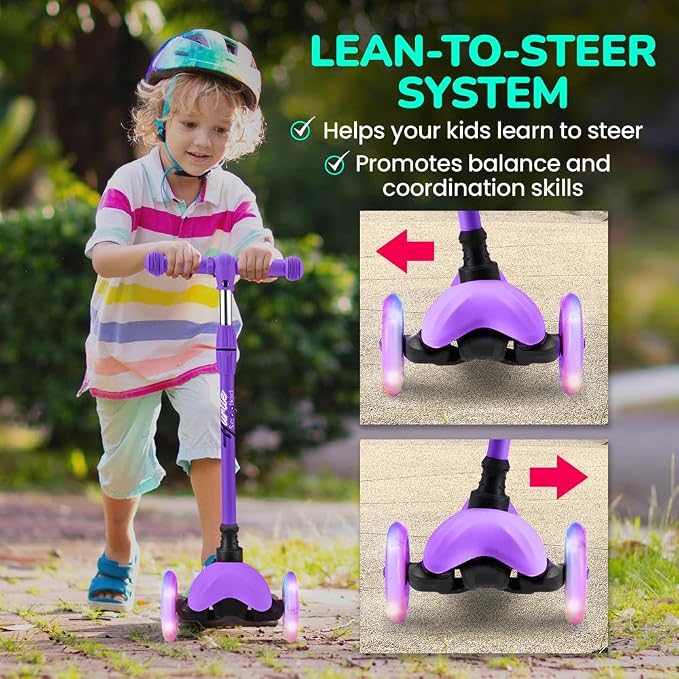 Hurtle Mini Kickboard 3 Wheel Scooter for Kids Ages 2-5 - Lean-to-Steer Toddler Scooter with Light-up LED Wheels, Adjustable Height & Rear Foot Brake for Boys. & Girls, Anti-Slip, Indoor/Outdoor