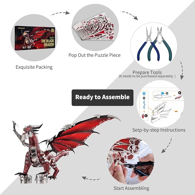 Piececool Black Dragon King 3D Metal Model Building Kits with DIY Tools Set, Challenging 3D Metal Puzzles for Family Time, Great Christmas Birthday New Year Gifts