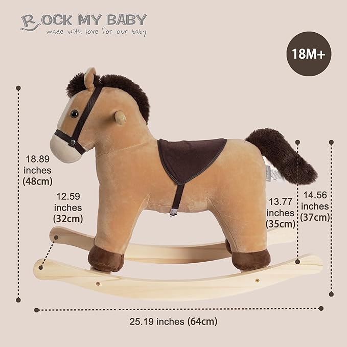 Rock My Baby Rocking Horse, Rocking Animal with Realistic Sound, Stuffed Rocker for Toddlers 18M+, Soft Filling Ride on Pony, Light Brown Horse, CPC Certified