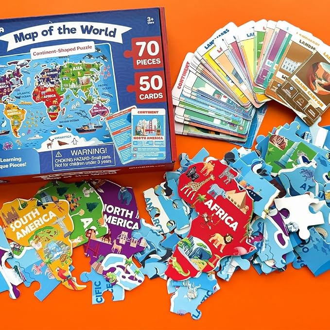 QUOKKA World Map Puzzles for Kids Ages 8-10 - 70 Pcs Jigsaw Floor Puzzles for Kids Ages 6-8 Year Old - Includes 50 Cards with 400+ Fun Facts - Continent Shaped Educational Gift for Girl and Boy 4-8