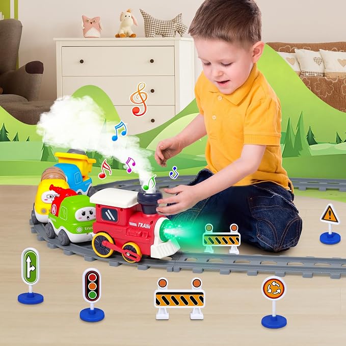 Electric Train Set for Toddlers 3-5 4-8 with Train Tracks Set Lights Up Steam Sign Realistic Music Sound Magnetic Train Connection Toys Birthday 3 4 5 6 7 8+ Years Old Boy Toys Girl