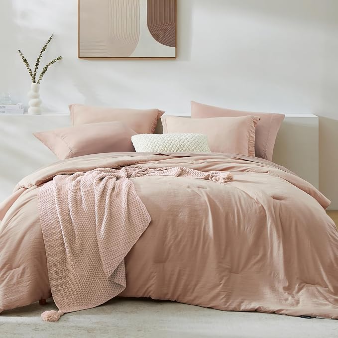 WRENSONGE Full Size Comforter Set- 7 Pieces Clay Pink Bed in a Bag Full Size Comforter with Fitted Sheet, Flat Sheet, 2 Pillow Shams, 2 Pillowcases, Warm Bedding Sets for All Season