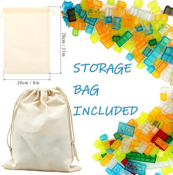 300PCS Transparent Clear Building Bricks Set, Compatible with Classic Blocks Parts and Pieces, 8 Shapes Bulk Bricks in Random Color for Boys