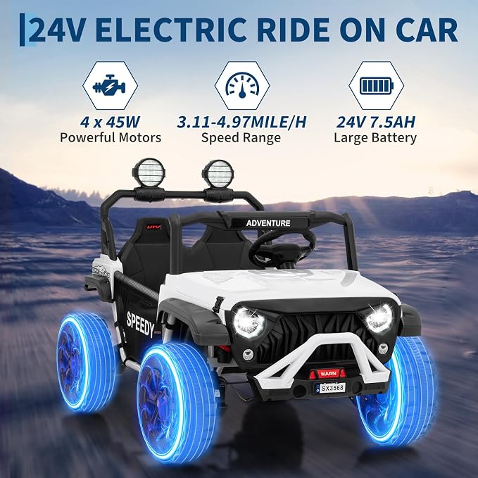 2 Seater Ride on Car for Kids, 24V Ride on Toy, Fast 4.97MPH Truck, 4WD Kids Electric Vehicles with Remote Control, Spring Suspension, Front & Behind LED Lights, Dual Storage, 3 Speeds, Music, White