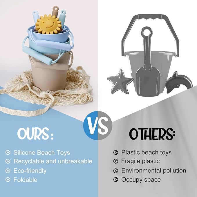 Hungdao 16 Pcs Silicone Beach Toys Travel Friendly Beach Set Colorful Toys Include 3 Silicone Bucket Pail, 3 Shovel, 9 Sand Molds, 1 Bag for Summer Pool Outdoor(Beige, Blue, Teal)