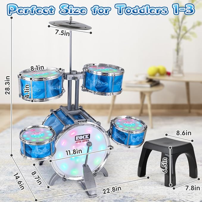 Kids Drum Set for Toddlers with 5 Jazz Drum Kit & Lights (Vibrating-Controlled) & Alloy, Musical Instruments Toys, Boys Gifts for Aged 1-3 3-5
