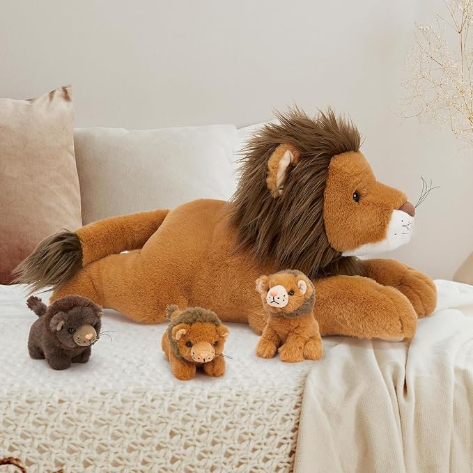 MaoGoLan 4Pcs Lion Stuffed Animal with Babies, 19.6'' Stuffed Lion Plush Toy, Cute Lion Family Set, Soft Snuggly Pillow Plushie Decor, Charming Christmas Birthday Gifts for Kids Boys Girls