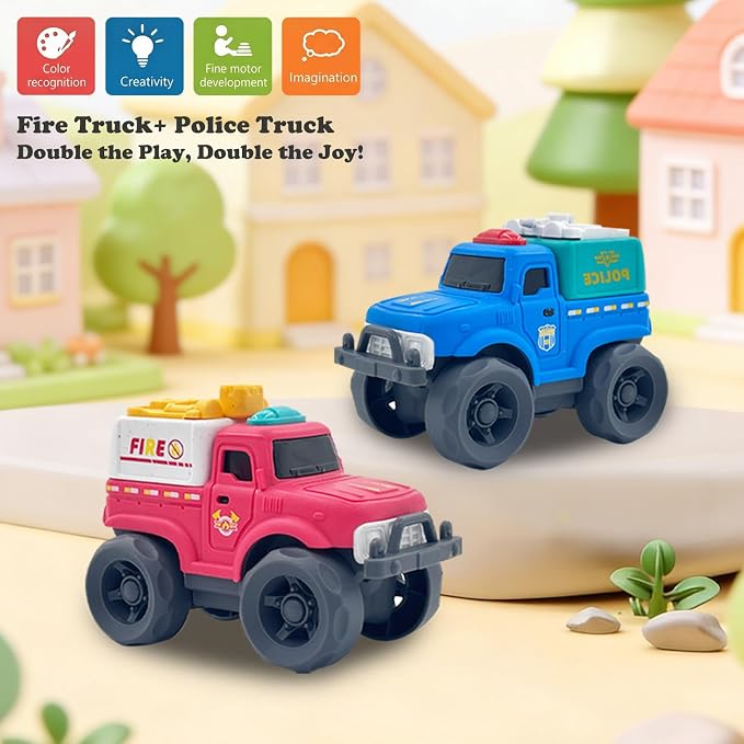 Aigitoy 2 Pack Toddler Cars for 1-3 Years, Police & Fire Truck Set | Construction Vehicles, NO BPA, Phthalates, PVC, Recycled Plastic Toy, 18M+ Outdoor Toys, Xmas Birthday Gift for Boys Girls