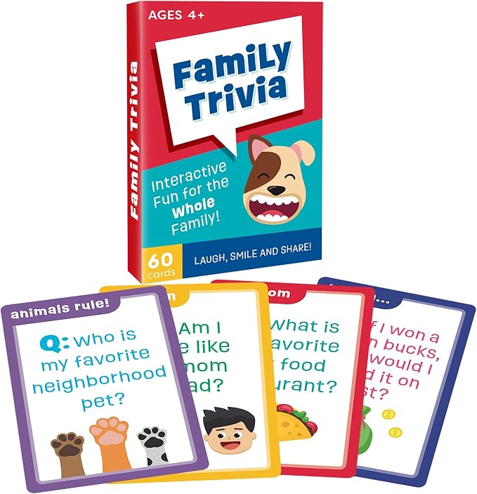 LotFancy Family Trivia Game, Ages 4 and up, Family Games for Kids and Adults, 60 Fun Trivia Cards, Family Conversation Starters for Family Game Night, Party, Travel, Road Trip, Jumbo Size