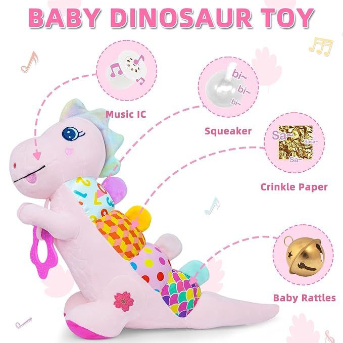 Baby Dino Musical Stuffed Animal Toys for 0-3-6-9-12 Months，Infant Dinosaur Tummy Time Toys with Crinkle Sound Paper,Teether，Textures & Rattles for Newborn Boys Girls Birthday Gifts，Pink