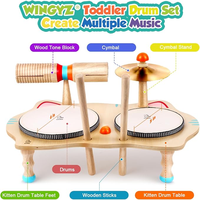 WINGYZ Kids Drum Set – 6-in-1 Wooden Musical Instruments for Toddlers 1–3, Montessori Baby Music Set with Drums, Cymbal & Tone Block, FSC-Certified Cat Design Table for Home & Classroom Learning Gift