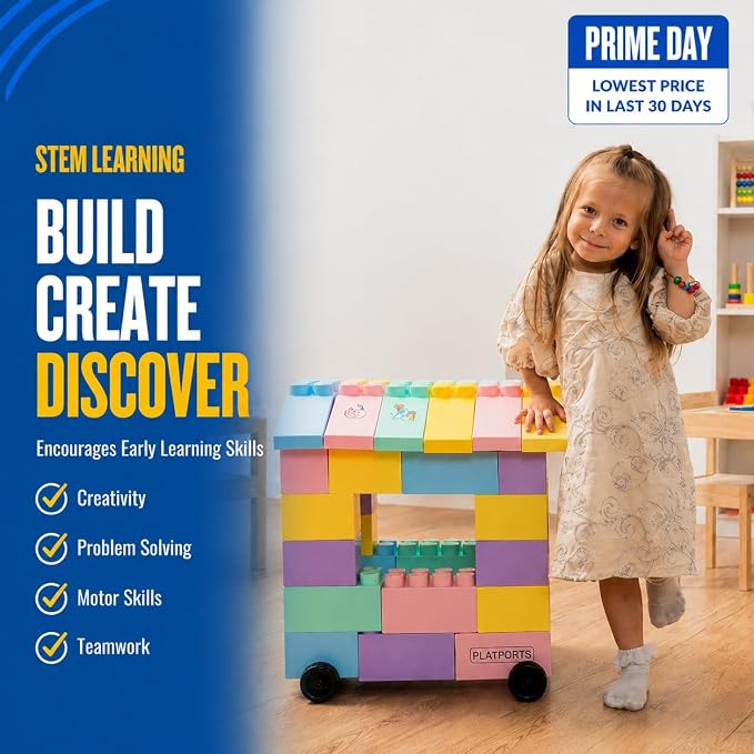 PLATPORTS 48-Piece Jumbo Big Blocks for Kids Ages 2–8 – Giant XL Large Plastic Building Blocks, Indoor/Outdoor Construction Play Set