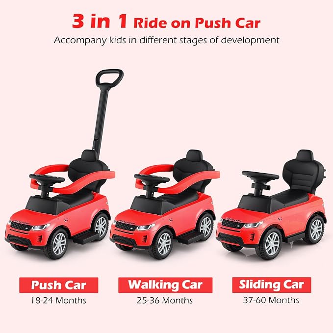 Licensed Push Car for Toddlers by INFANS, 3 in 1 Sliding Walking Car with Push Handle, Horn, Music, Underneath Storage, Foot-to-Floor Ride on Toys for Boys Girls (Red)