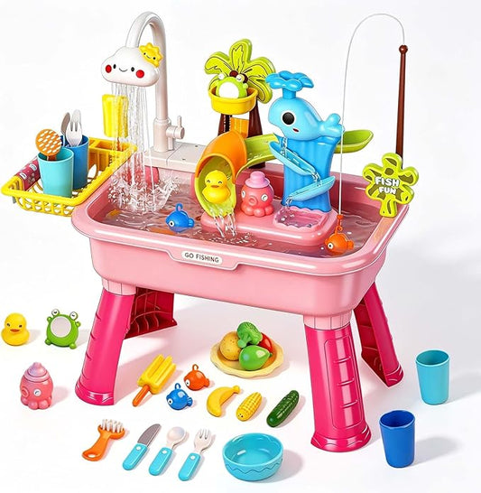 2026 Upgraded Water Table for Toddlers 1-3, Outdoor Water Play Table for Kids Ages 4-8 with Pump, Toddler Water Table, Play Sink with Running Water, Kitchen Sink Toy, Fishing Game, Sensory Table, Pink