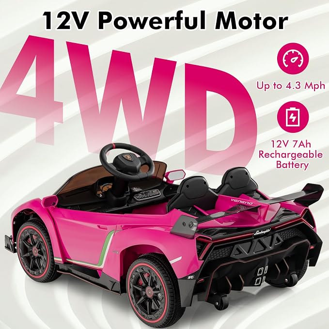 INFANS 2 Seater Kids Ride on Car, 12V 4WD Licensed Lamborghini Veneno Powered Electric Vehicle with Hydraulic Doors, Rocking Mode, Adjustable Speeds, Remote Control, MP3, Headlight (Coral)