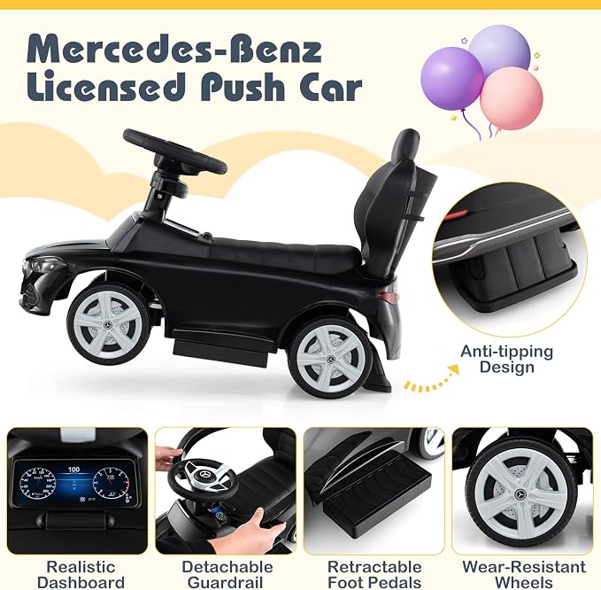 Costzon Push Car for Toddlers, 3 in 1 Mercedes Benz Stroller Sliding Walking Car w/Canopy, Handle, Safety Bar, Horn Sound, Underneath Storage, Foot-to-Floor Ride On Toy for Boys & Girls (Black)