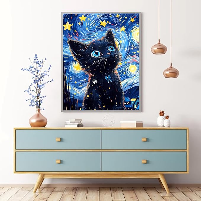 RYMILIE Black Cat Diamond Art Kits for Adults, Diamond Painting Dots Art Kits for Adults Beginners, 5D DIY Full Drill Round Rhinestone Gem Art Crafts Paintings for Home Wall Decor 12"x16"