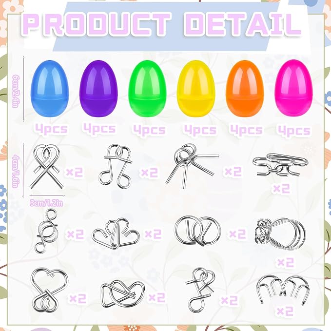 48 Pcs Prefilled Easter Eggs with Metal Brain Teaser Puzzles Iron Link Unlock Interlock Game for Egg Hunts Party Favors Easter Basket Stuffers