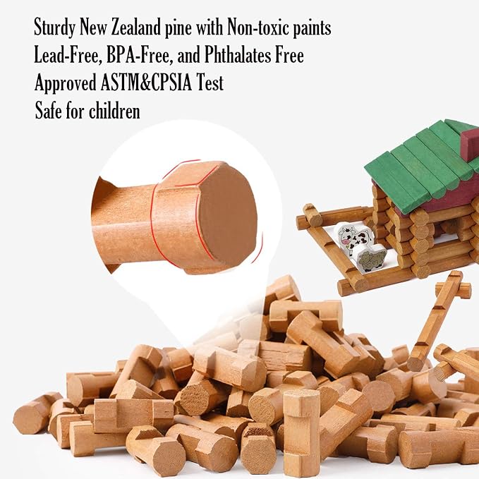 Wondertoys 170 Pieces Wood Logs Set Ages 3+, Classic Building Log Toys for Boy, Creative Construction Engineering Educational Gifts