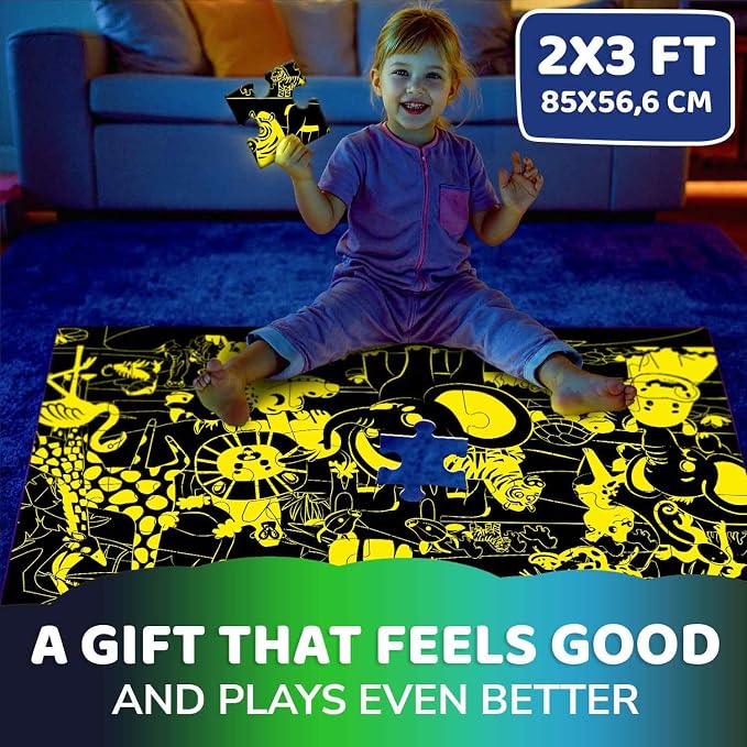 QUOKKA Giant Floor Puzzles for Kids Ages 4-6 – 2x3 Ft Glow in the Dark Jumbo Jigsaw Puzzles for Kids Ages 3-5 – 48 Large Pieces African Animal Safari Scene for 4-8 yo – Toy with Gift Box for Toddlers