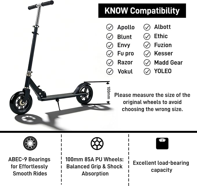 Pro Kick Scooter Replacement Wheels 100mm Pair - High-Speed Smooth Bearings Installed, Heavy Duty PU Wheels for Universal Scooter Repair (Black)