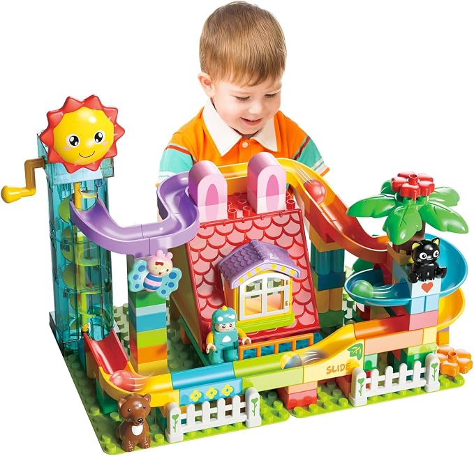 Kid Marble Run Building Blocks with Elevator Spiral Lift,Gift Toy Bricks Marble Maze Ball Race Track Set with Motorized Elevator,Big Blocks Educational STEM for 3 4 5 6 7 8 Year Old Boys Girls