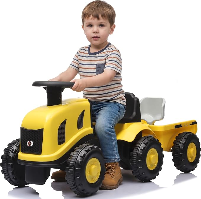 Kids Ride on Tractor, 2 in 1 Foot to Floor Push Car w/Detachable Trailer, Horn, Rake & Shovel, No Power Sliding Toy Gift for Toddlers, Outdoor Ride on Construction Vehicle (Yellow)
