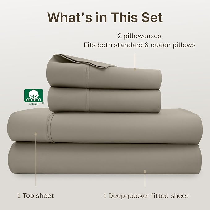 California Design Den Soft 100% Cotton Bed Sheets Queen Size Set, 400 TC Good Housekeeping Award Winner, Silky Smooth Sateen Weave with Deep Pockets, Breathable and Durable Queen Bedding Set - Taupe
