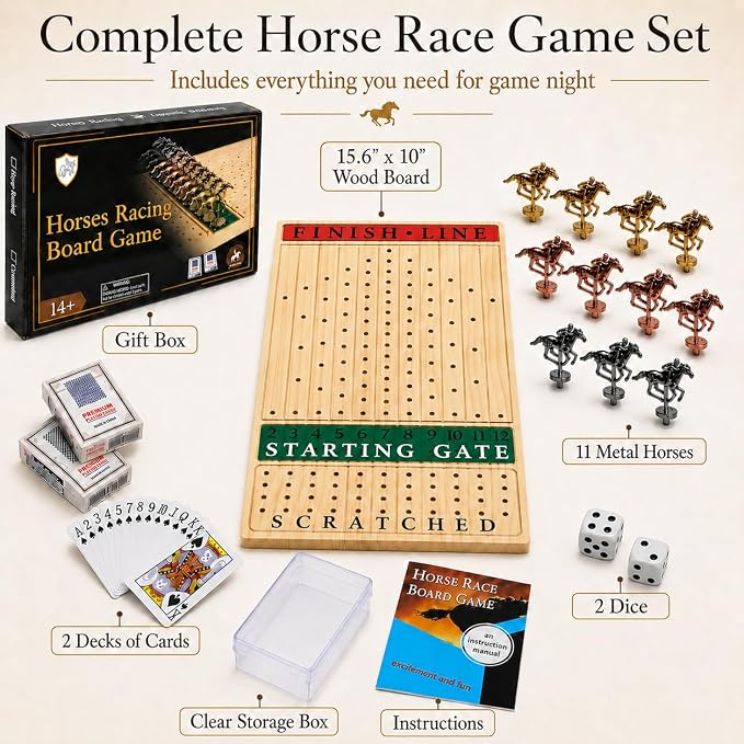 Jyquorp Horse Race Board Game (15.6" x 10") Solid Wood Horse Racing Board Game Set for 2-11 Players with 11 Luxury Metal Horses, 2 Dice & 2 Card Decks, Gifts for Family Party