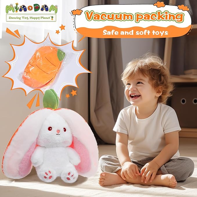 MIAODAM Cuddly Bunny Stuffed Animal, Kawaii Squishy Cute Easter Bunny Plush Turn Into Rabbit Fruit Doll Carrot Strawberry, Plushies Funny Bunny Toy for Kid (Carrot Rabbit, 10inch)