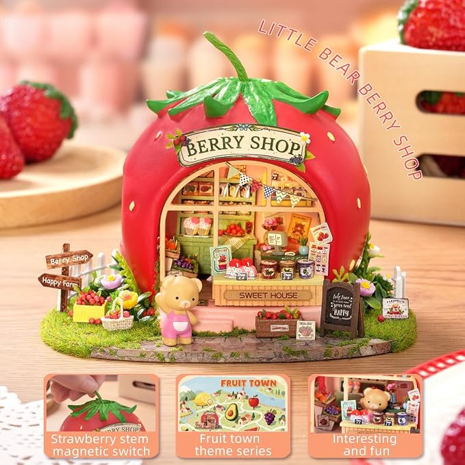 DIY Miniature Fruit Scene Dollhouse Kit, 1:72 Scale Handmade Craft Model Bear Berry Shop, Creative 3D Wooden Puzzle Building Set for Adults, Compact Home Decor Gift