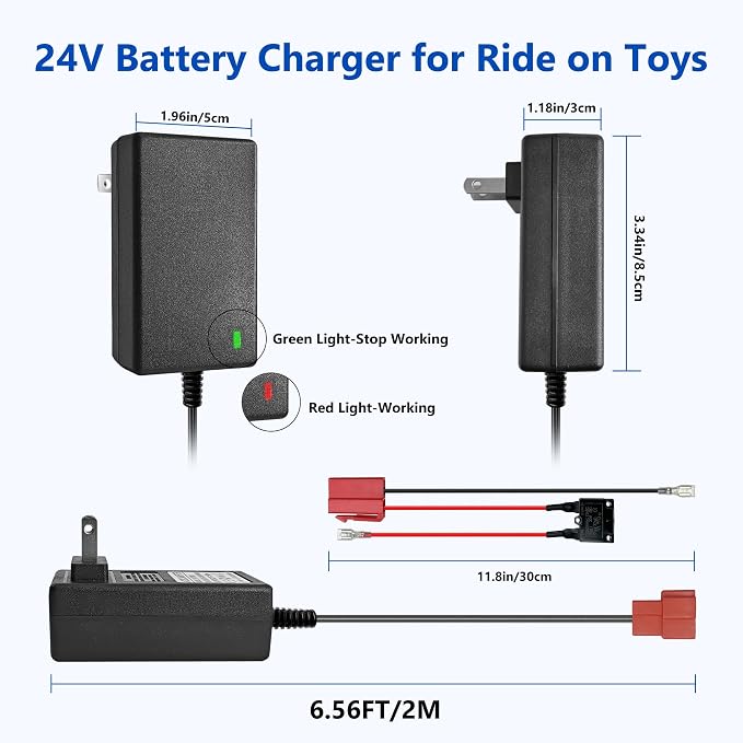 24V Battery Charger and Battery Wire Harness Compatible with Ride On Toys for Kids, 24Volt (28.8V) Batteries Car for Kids, for Huffy Torex UTV 4X4, 2 Pin Red Square Plug Charger for Kid Electric Car
