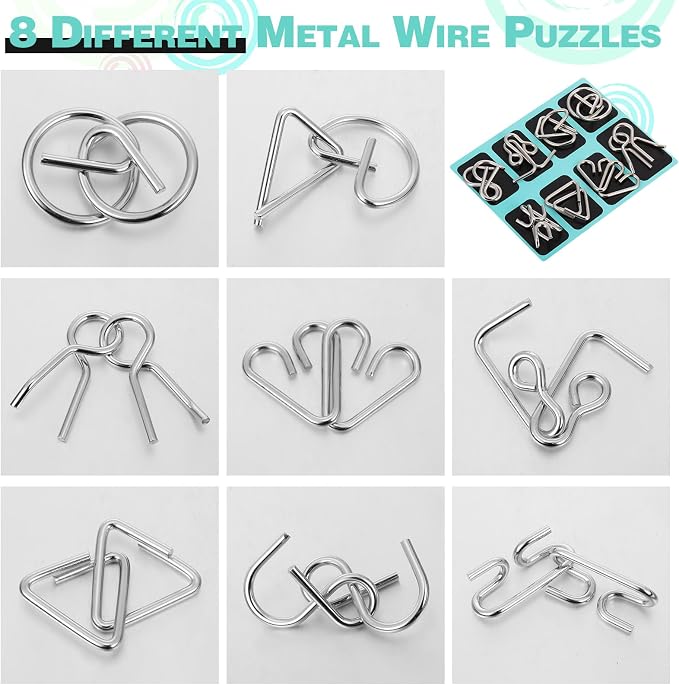 Metal Wire Puzzle Set of 8 with Pouch, Brain Teaser Puzzles IQ Test Ring Disentanglement Unlock Interlock Game Trick Metal for Party Favor Challenge(B Style)